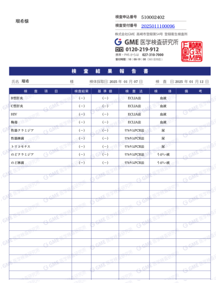 瑠希の性病検査証明書